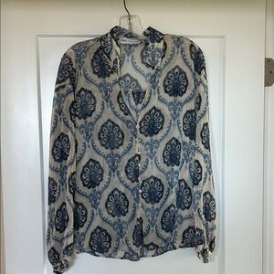 Zara Blue and Cream Floral Button Down Shirt